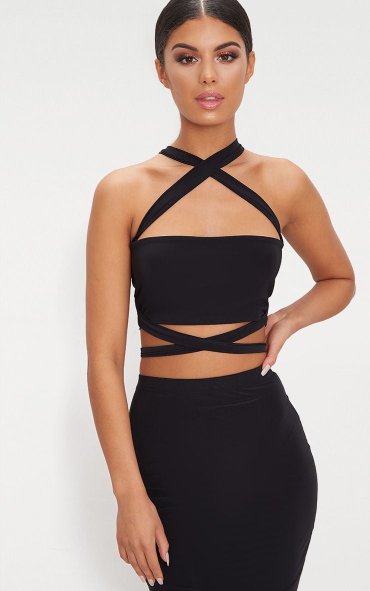 PrettyLittleThing Black Slinky Tie Detail Bandeau Top