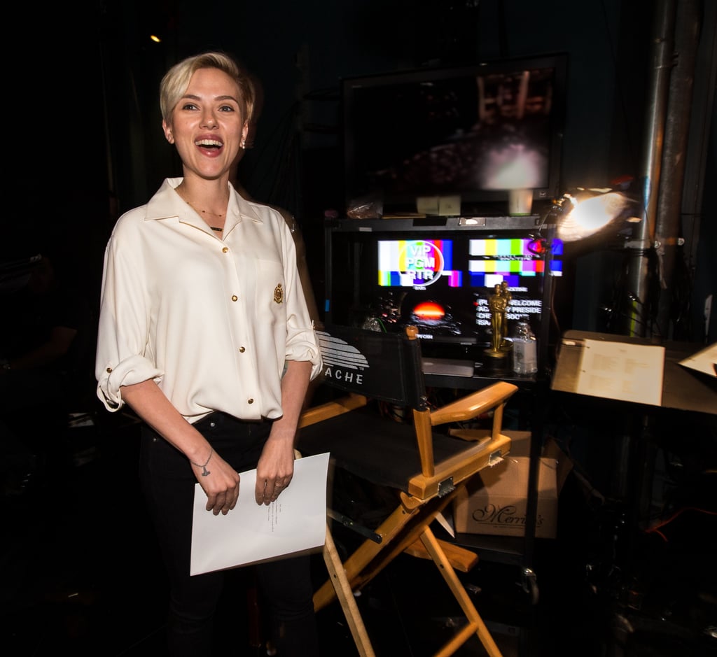 Scarlett Johansson smiled wide during Oscars rehearsals backstage at the Dolby Theatre in LA on Thursday.