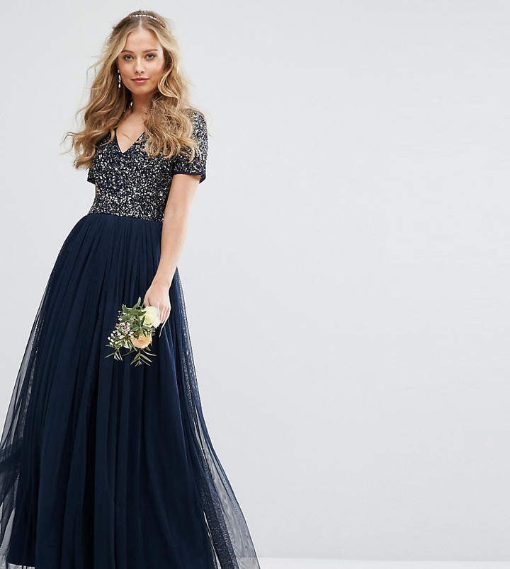 maya high neck maxi tulle dress with tonal delicate sequins