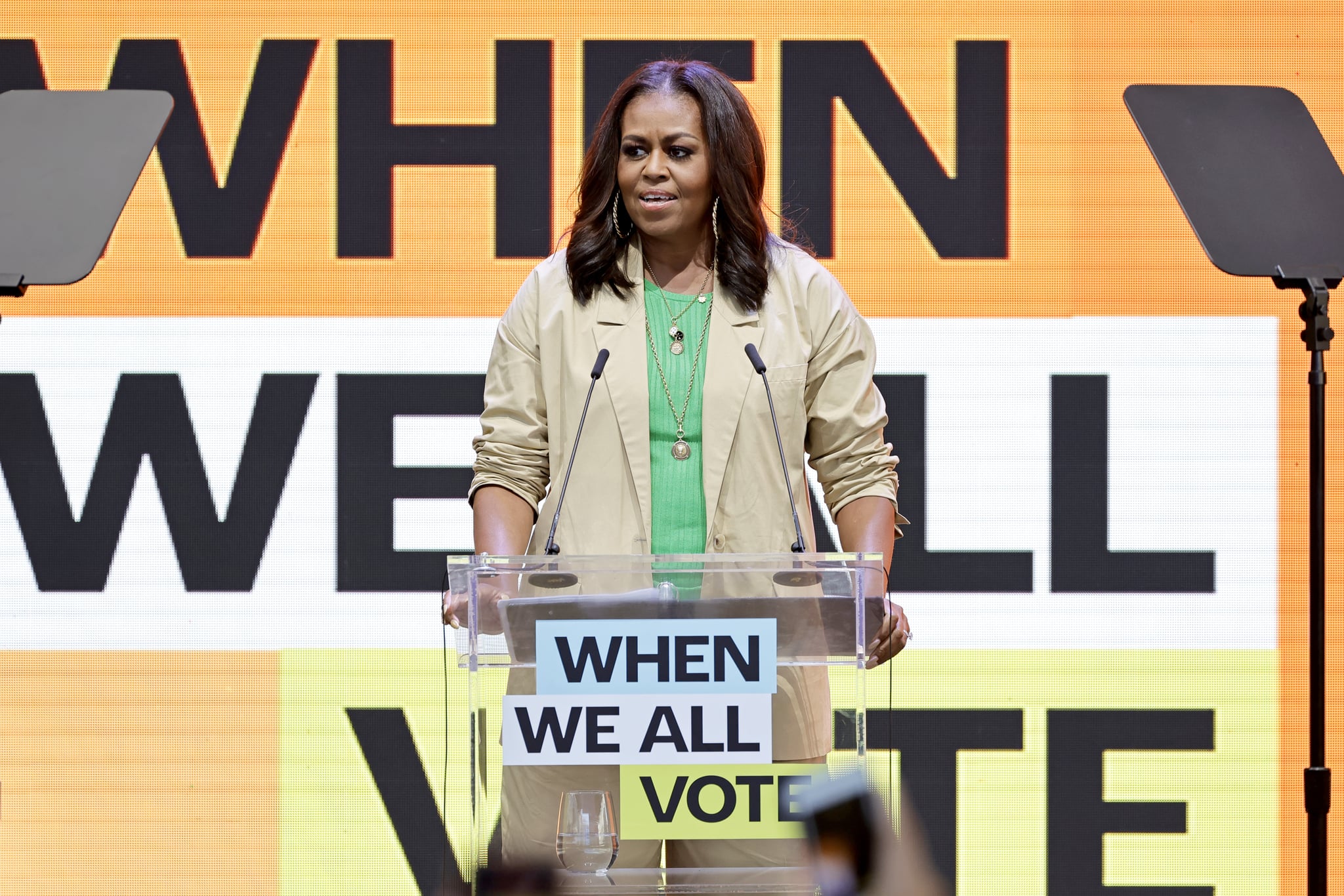 LOS ANGELES, CALIFORNIA - JUNE 13: When We All Vote Founder and Co-Chair Michelle Obama gives the Keynote Speech onstage at When We All Vote Inaugural Culture Of Democracy Summit on June 13, 2022 in Los Angeles, California. (Photo by Kevin Winter/Getty Images)