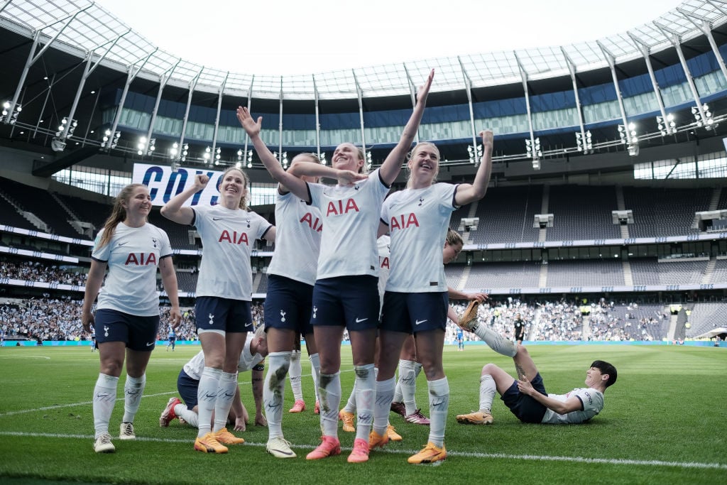 LONDON, ENGLAND - APRIL 14: Martha Thomas of Tottenham Hotspur celebrates with teammates after scoring her team's second goal during the Adobe Women's FA Cup Semi Final between Tottenham Hotspur and Leicester City Women at Tottenham Hotspur Stadium on April 14, 2024 in London, England. (Photo by Paul Harding/Getty Images)
