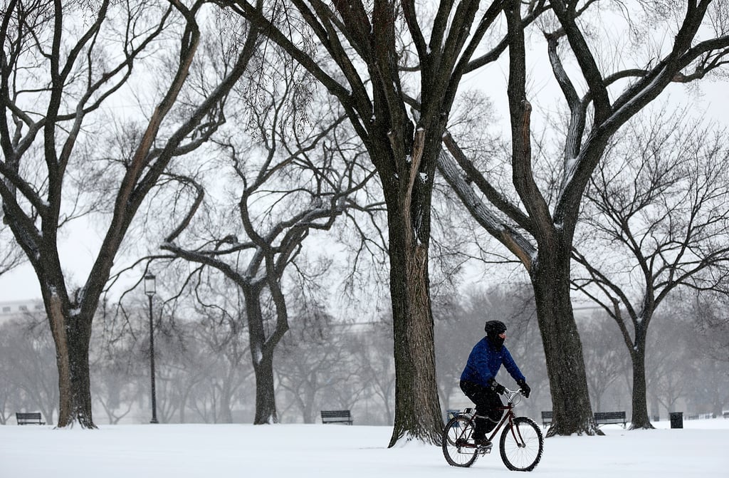 In Washington DC, a man rode his bicycle through the snowy National Mall.