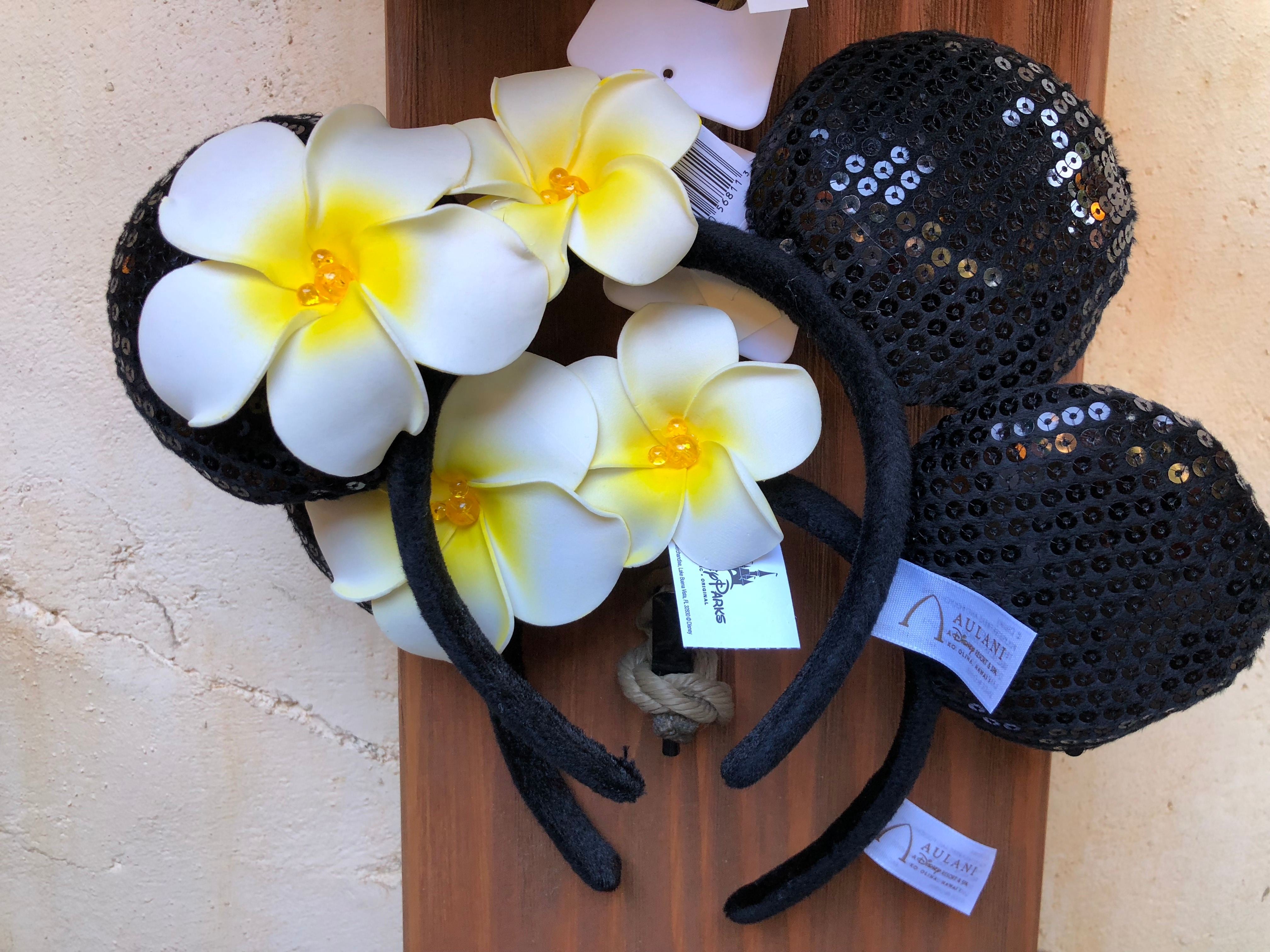 NWT! Disney Aulani Exclusive Tropical Floral Ears with Plumeria - RETIRED, RARE Beautiful NEW Aulani Minnie ears ? They are sparkly and  main image 4