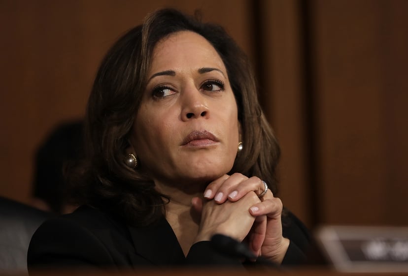 WASHINGTON, DC - SEPTEMBER 04:   U.S. Sen. Kamala Harris (D-CA) delivers listens as Supreme Court nominee Judge Brett Kavanaugh appears for his confirmation hearing before the Senate Judiciary Committee in the Hart Senate Office Building on Capitol Hill S