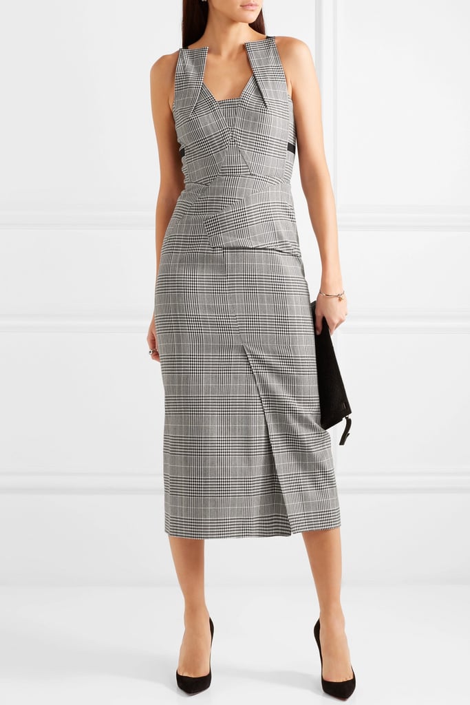 Roland Mouret Grosgrain Trimmed Checked Wool Blend Midi Dress