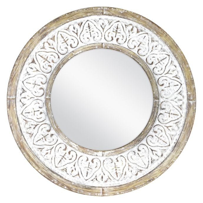 Distressed Round Wall Mirror in Rustic White