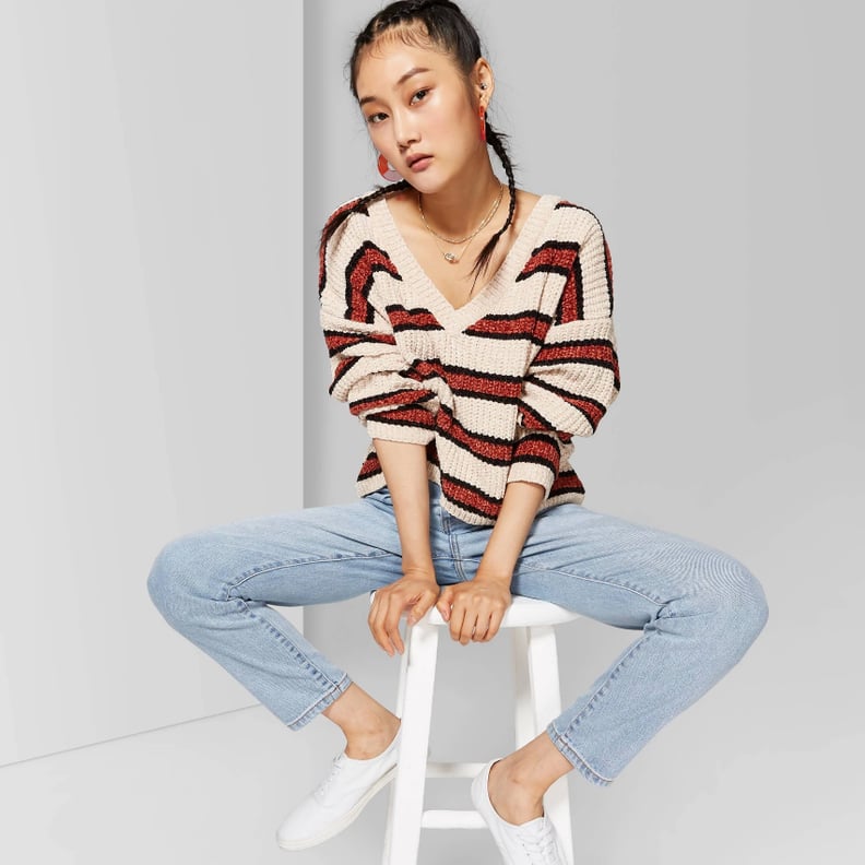 Wild Fable Striped Long-Sleeve V-Neck Sweater