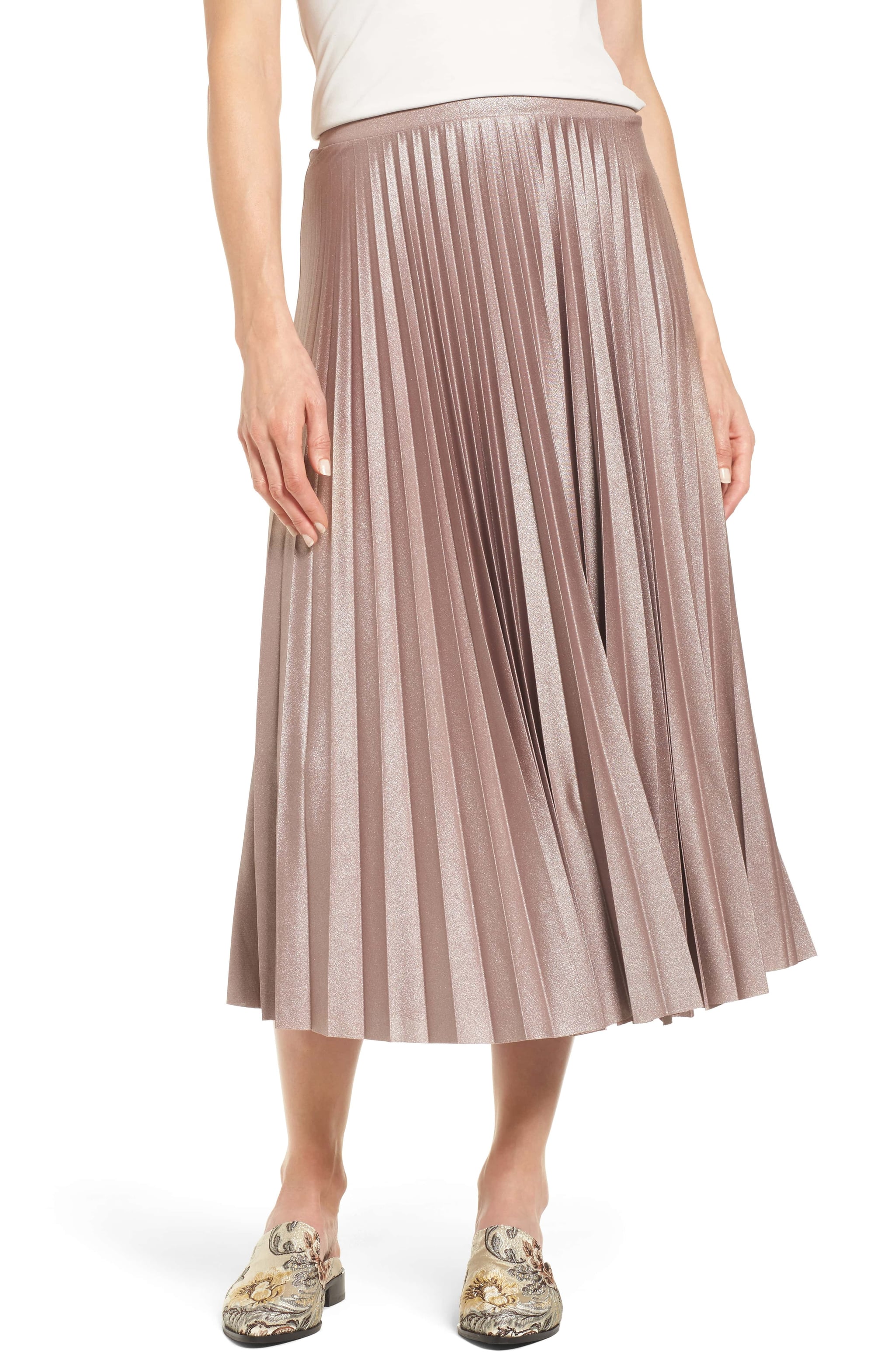 pleated midi skirt rose gold