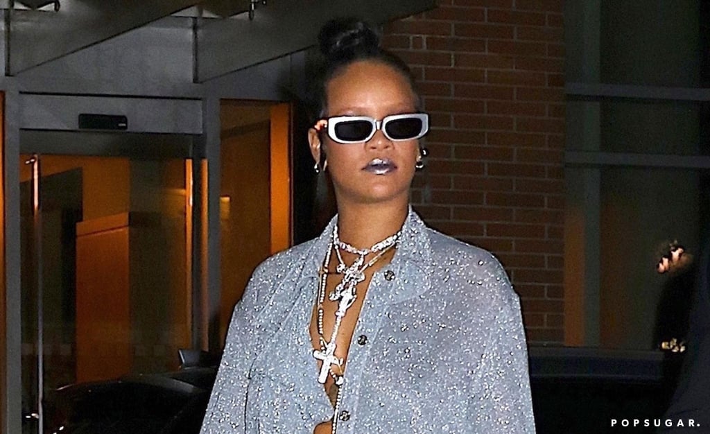 Rihanna Amped Up Her Sparkly Look With Cross Necklaces, Cool Shades, and Futuristic Lipstick