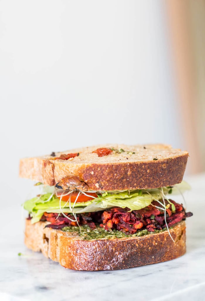 Beet and Sweet Potato Fritter Sandwich