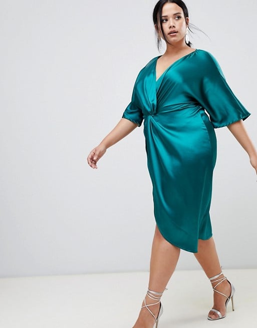 John Zack Knot Front Satin Midi Dress in Green