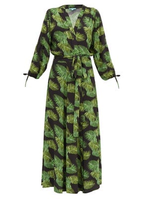 Melissa Odabash Margo Palm-Print Tie-Cuff Dress