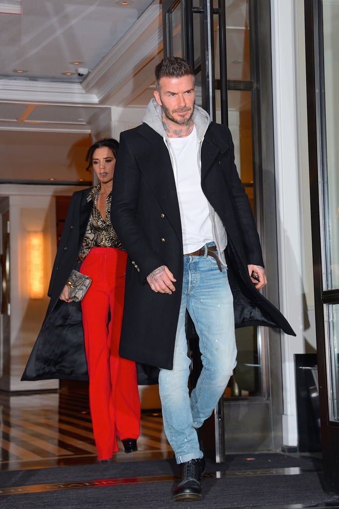 Victoria Beckham Red Pants and Snakeskin Blouse January 2019