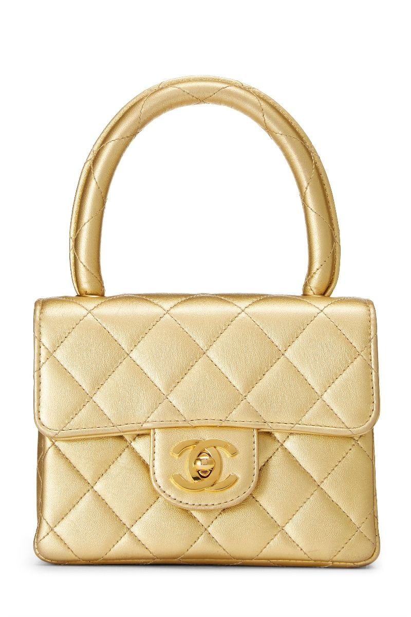 Vintage Chanel Kelly Parent and Child Flap Bag Set Gold Metallic Lambskin  Gold Hardware