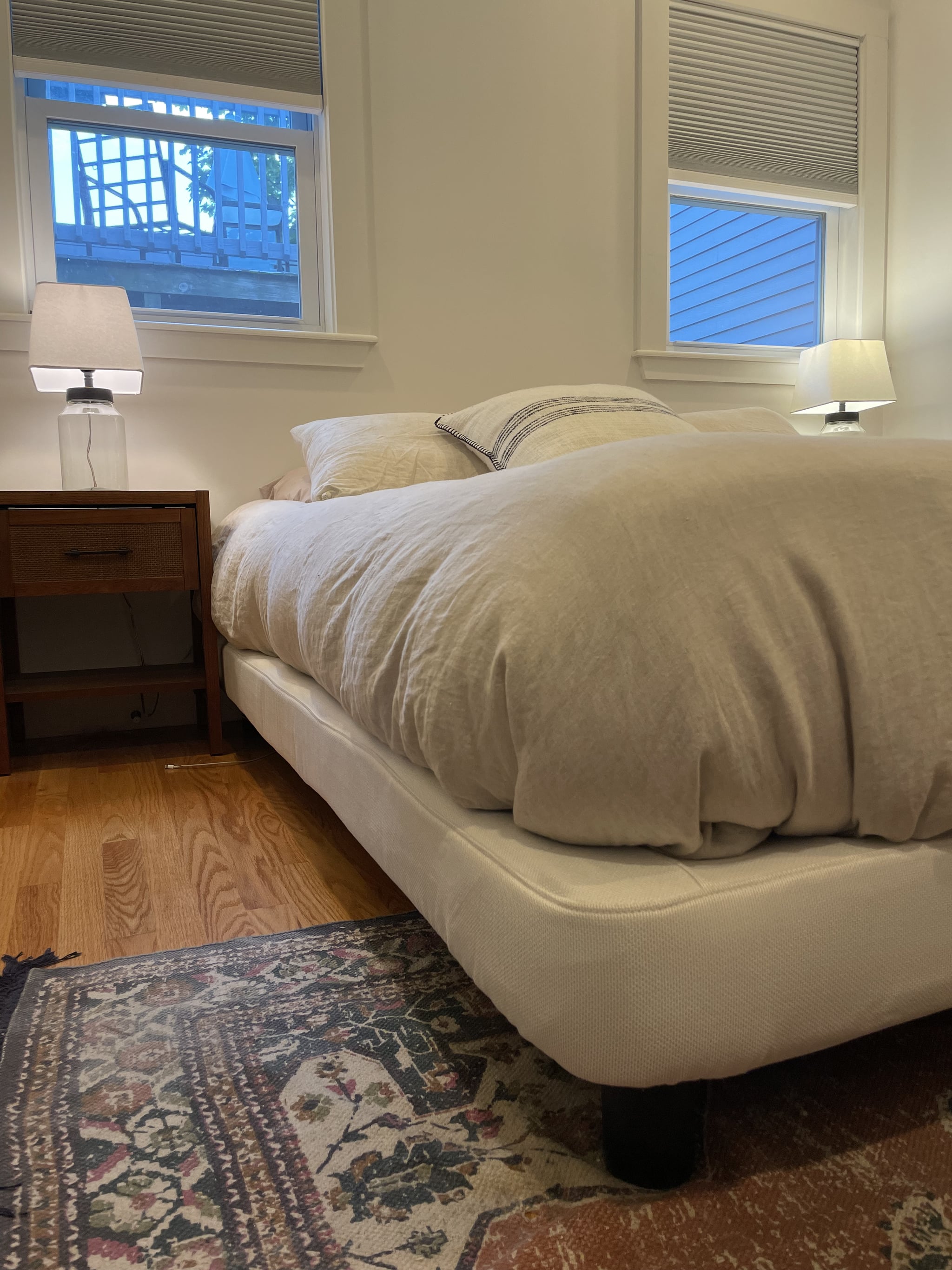 Casper Upholstered Platform Bed Frame in bedroom