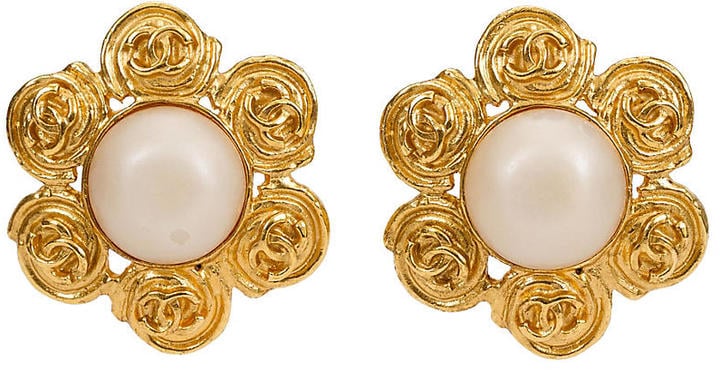 One Kings Lane Vintage Chanel Flower Pearl Clip Earrings