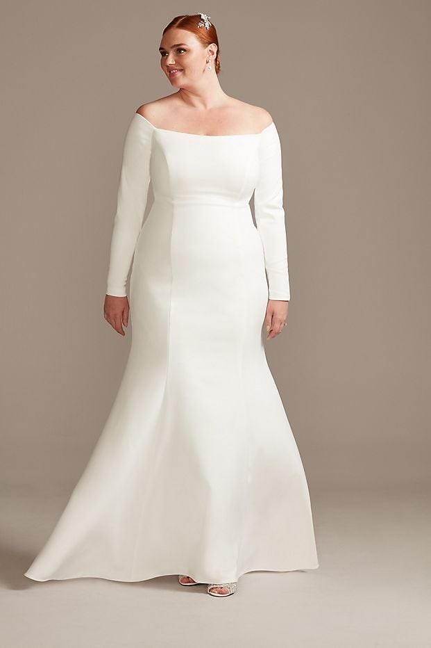 David's Bridal Off-Shoulder Button Back Wedding Dress