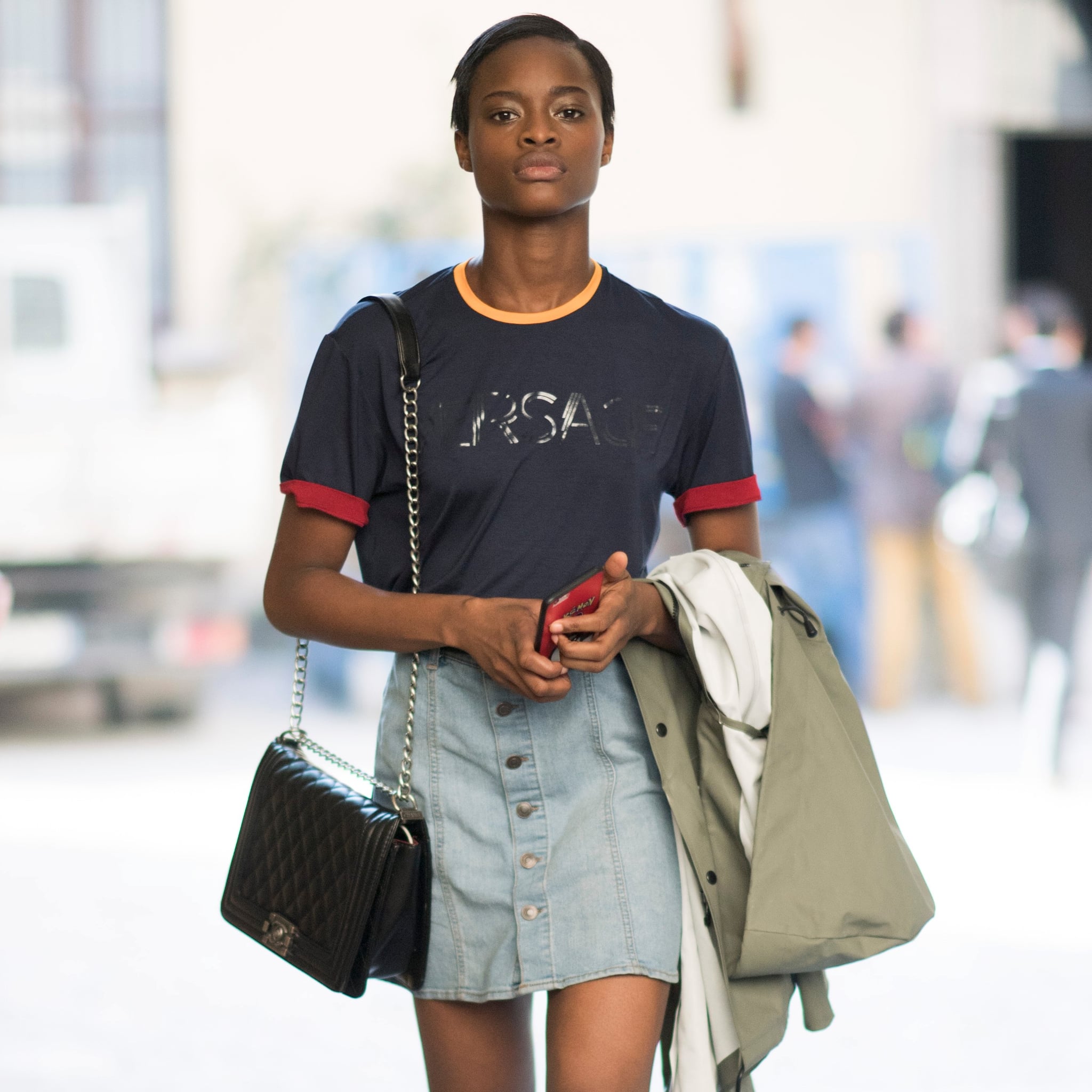 black jean skirt outfit fall