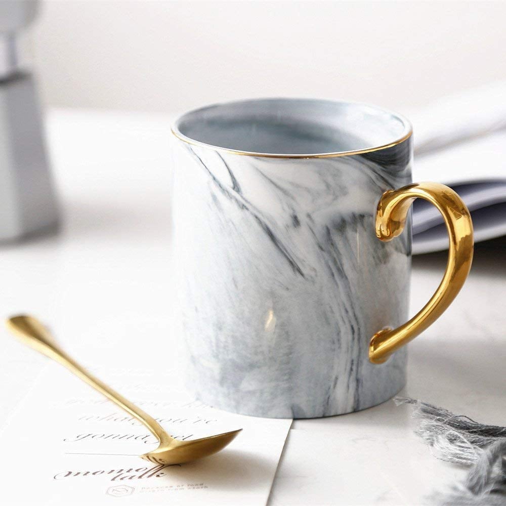 Longpro Marble Ceramic Bone China Coffee Mug with Golden Spoon