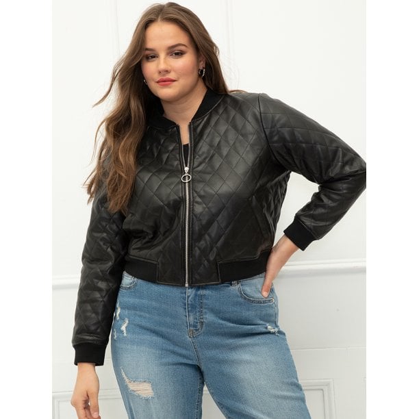 Eloquii Elements Plus Size Quilted Faux Leather Bomber Jacket