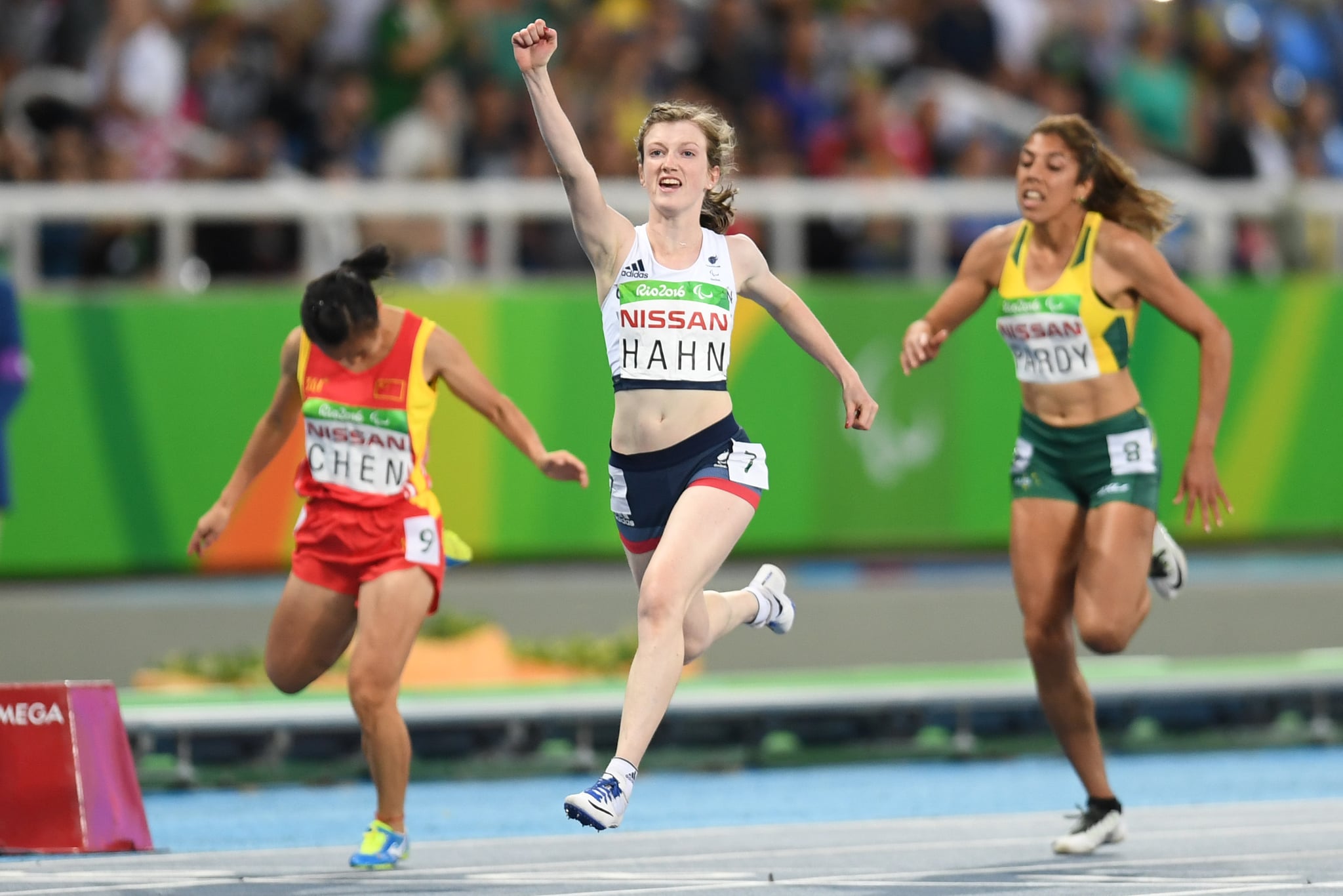 RIO DE JANEIRO, BRAZIL - SEPTEMBER 09:  Sophie Hahn of Great Britain celebrates after winning the women's 100 meter T38 on day 2 of the Rio 2016 Paralympic Games at Olympic Stadium on September 9, 2016 in Rio de Janeiro, Brazil.  (Photo by Atsushi Tomura/Getty Images for Tokyo 2020)