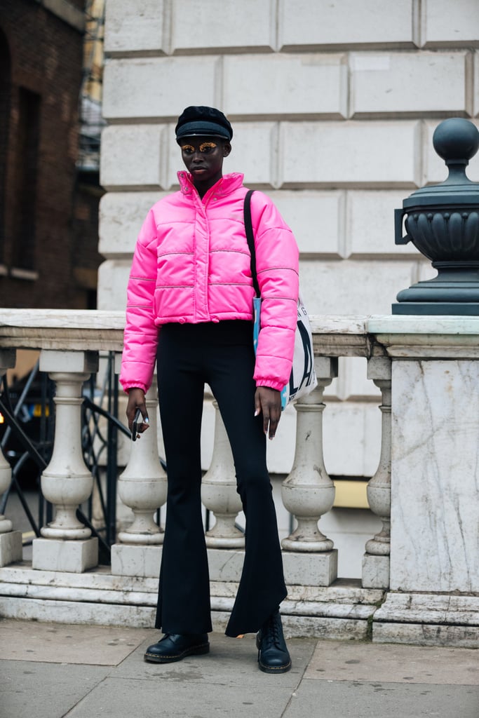 Amp up your black denim look with a bright pink or other neon puffer, influsing new life into your otherwise colorless winter wardrobe.