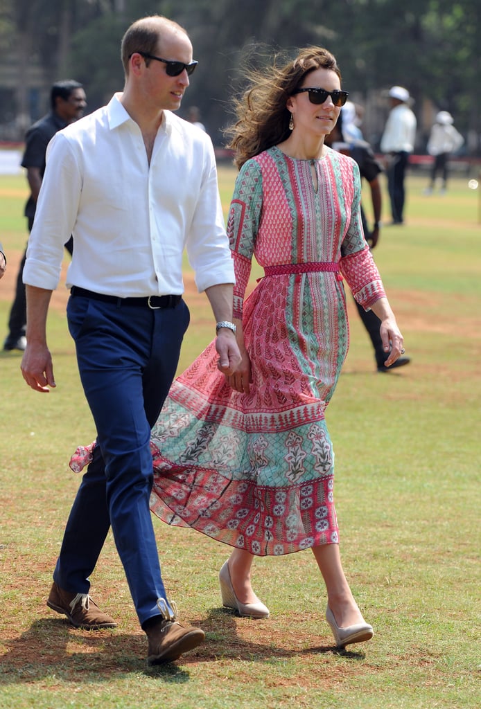 Anita Dongre in Mumbai: It wasn't just about the red carpet glamour, and Kate did relaxed daytime just as well. She wore this soft turquoise and pink boho dress with beige Mint Velvet wedges, and gold Accessorize earrings.