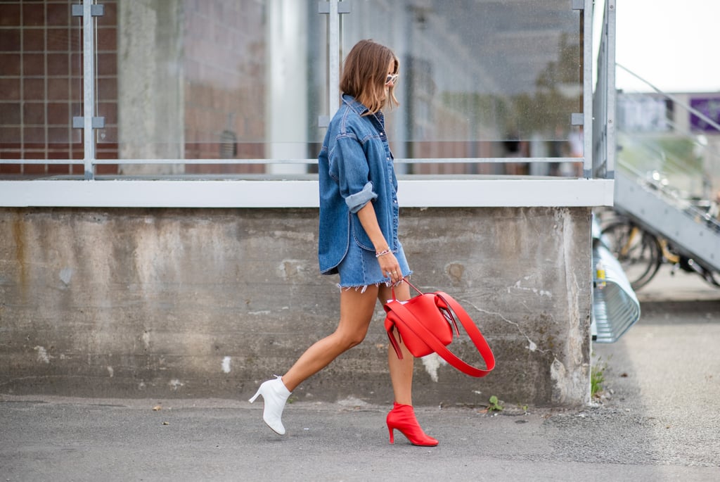 Try a chambray top or jean jacket with a denim mini skirt. Bright, mismatched accessories give the look a playful spin.