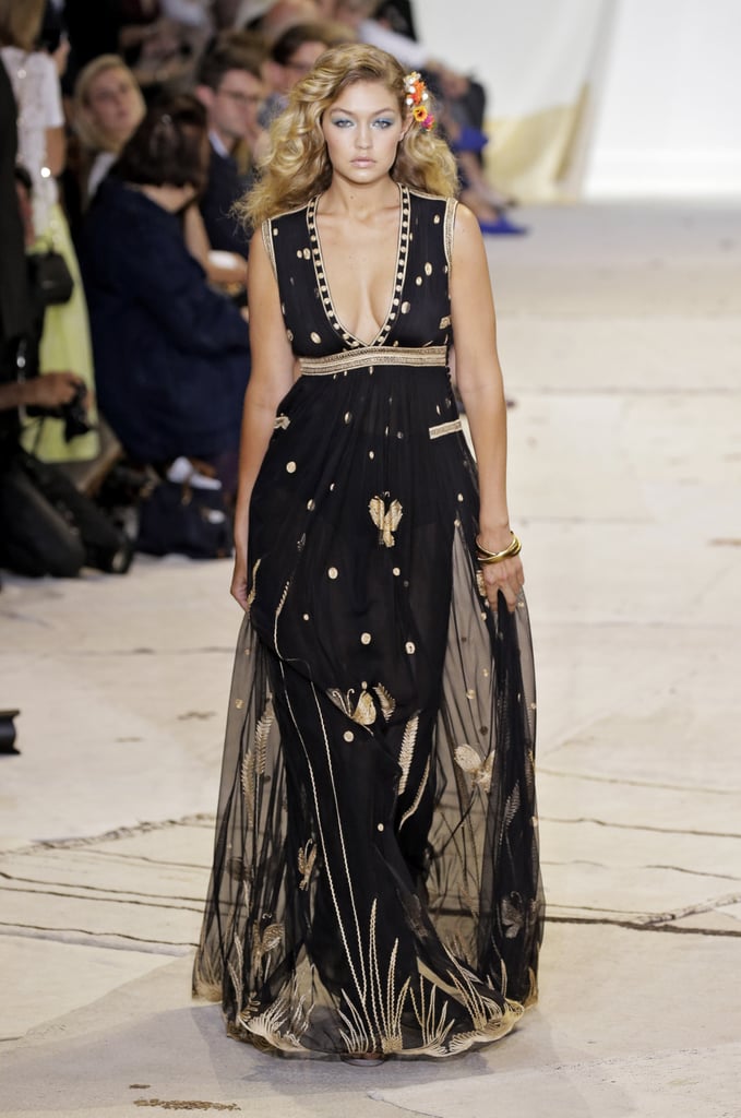 Gigi was the last to walk at DVF's Spring '16 show, and it's plain to see why. The supermodel showed off a gorgeous sheer gown with ornate details.