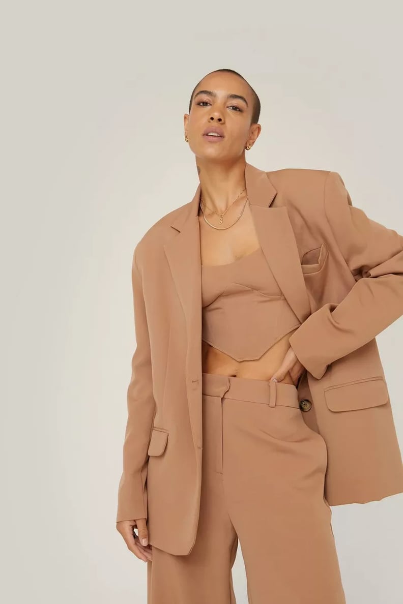 A Tan Suit: NastyGal Oversized Pocket Suit Blazer, Boned Seam Tailored Corset Top, and Suit Pants