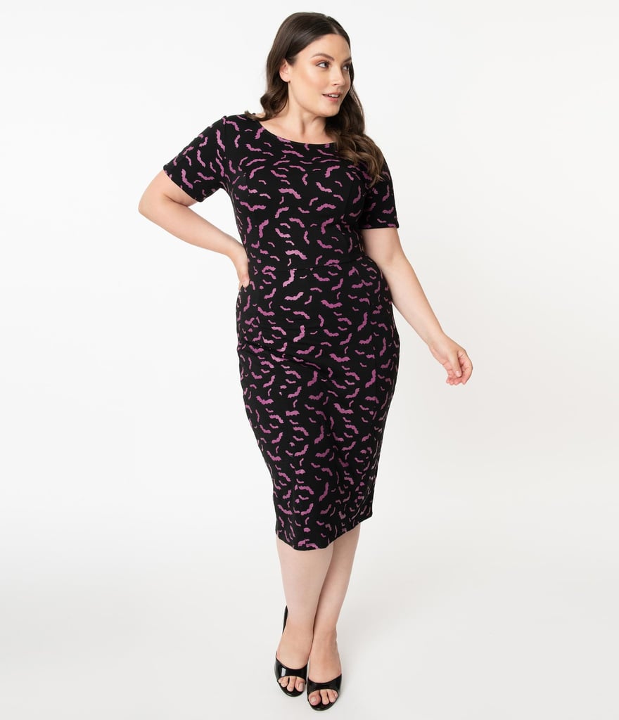 Unique Vintage Plus Size Black and Purple Bats Short Sleeve Mod Wiggle Dress