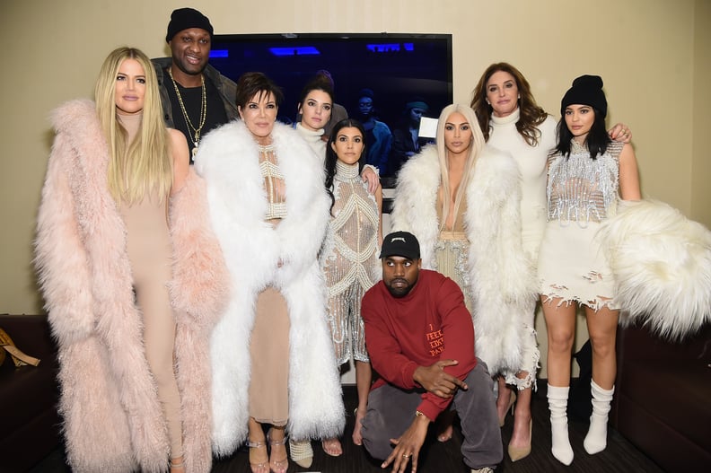 When Kanye was noticeably more casual than his in-laws, wearing a red crewneck at his Yeezy Season 3 show.