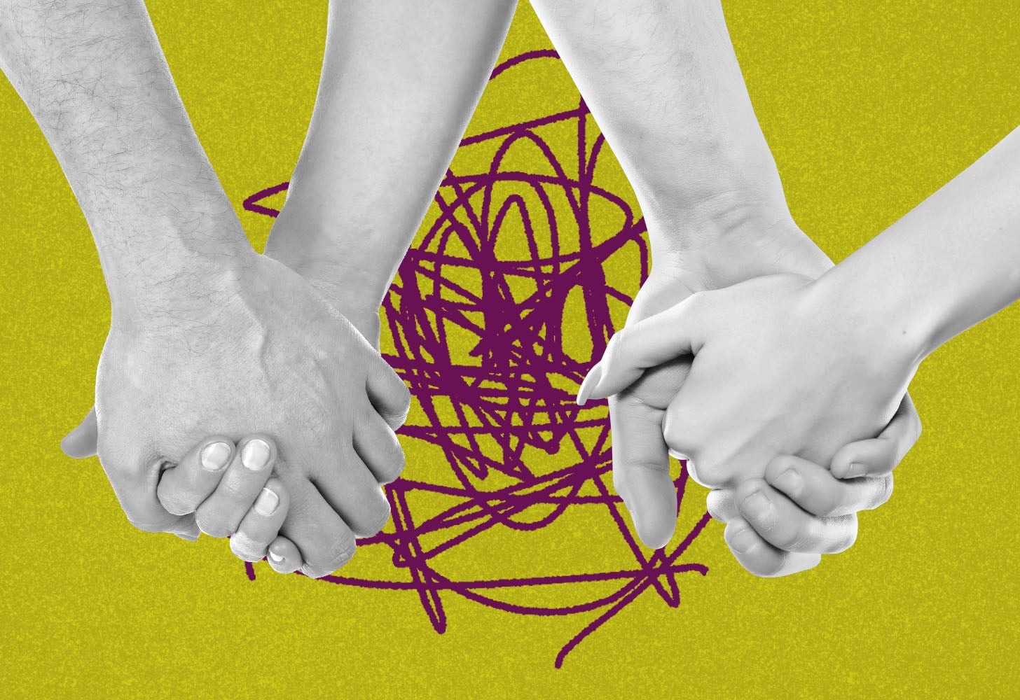Two Couples Holding Hands on a Green Background With Red Scribbles In the Middle