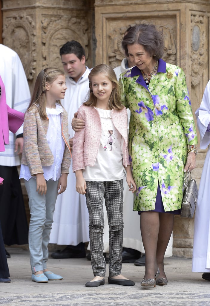 Queen Sofía, Infanta Sofía, and Princess Leonor at Easter Mass.