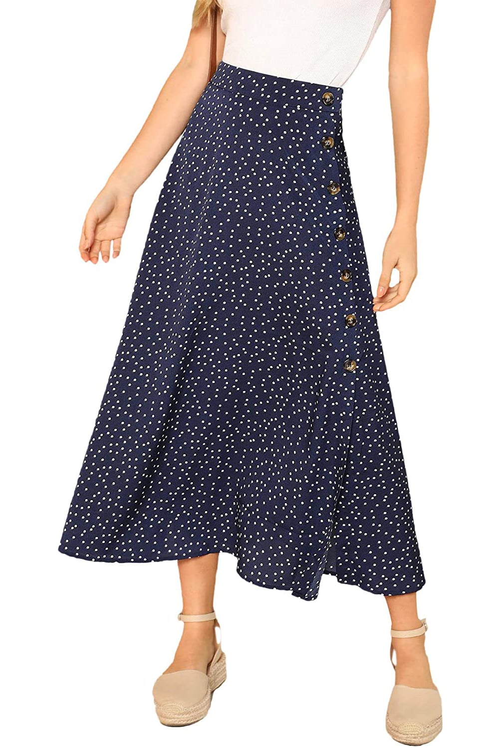 SheIn Womens Polka Dot A-Line Button Side Split Midi Knee Length Skirt 