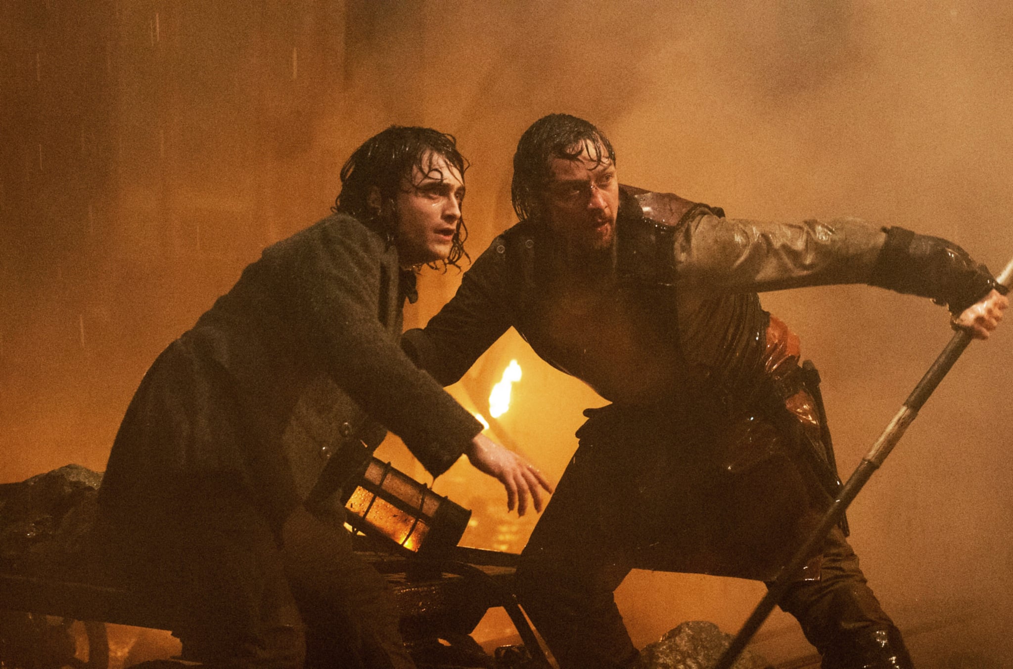 VICTOR FRANKENSTEIN, from left: Daniel Radcliffe as Igor, James McAvoy as Victor Frankenstein, 2015. ph: Alex Bailey / TM & copyright  20th Century Fox Film Corp. All rights reserved / courtesy Everett Collection