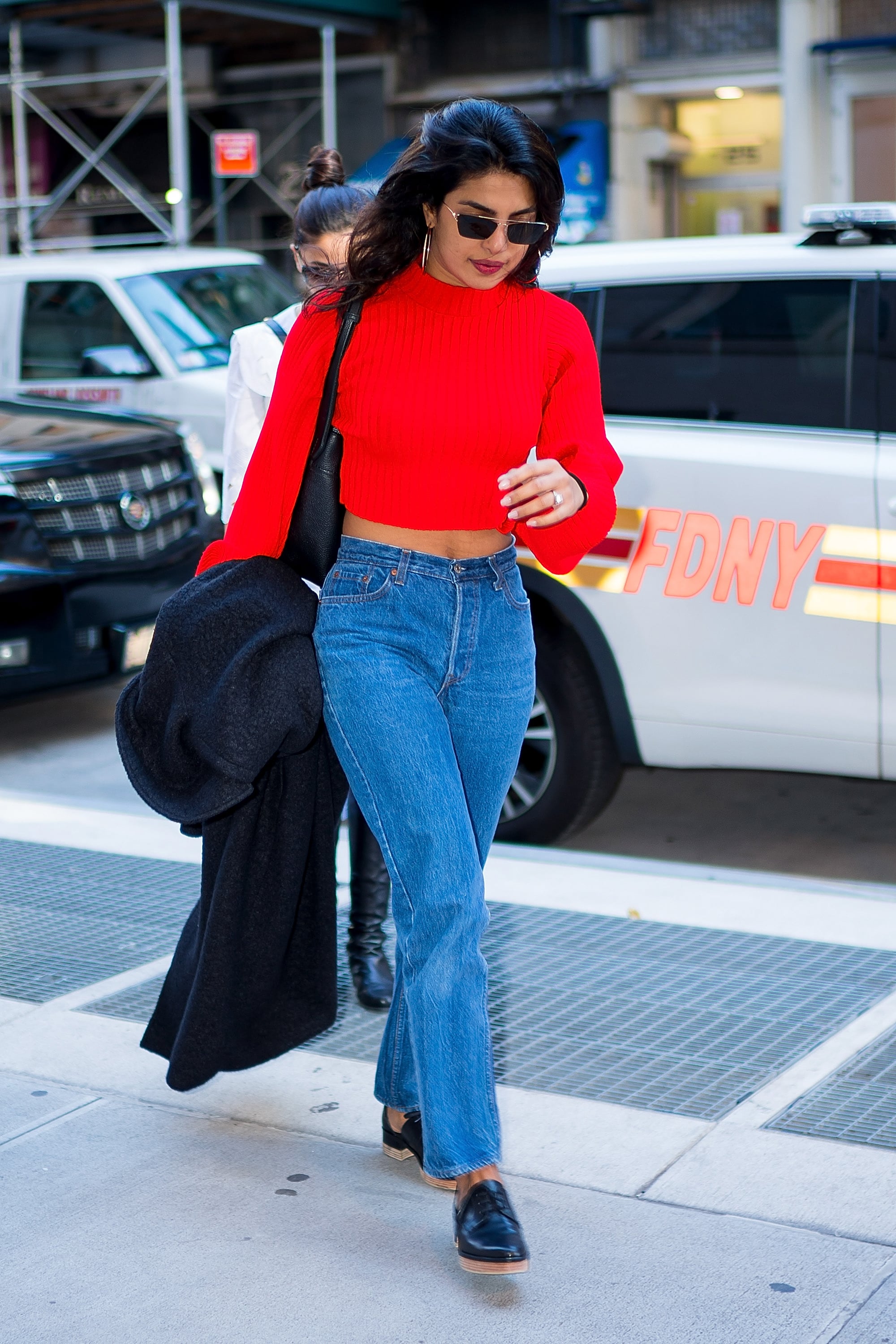 Red crop top with jeans shop