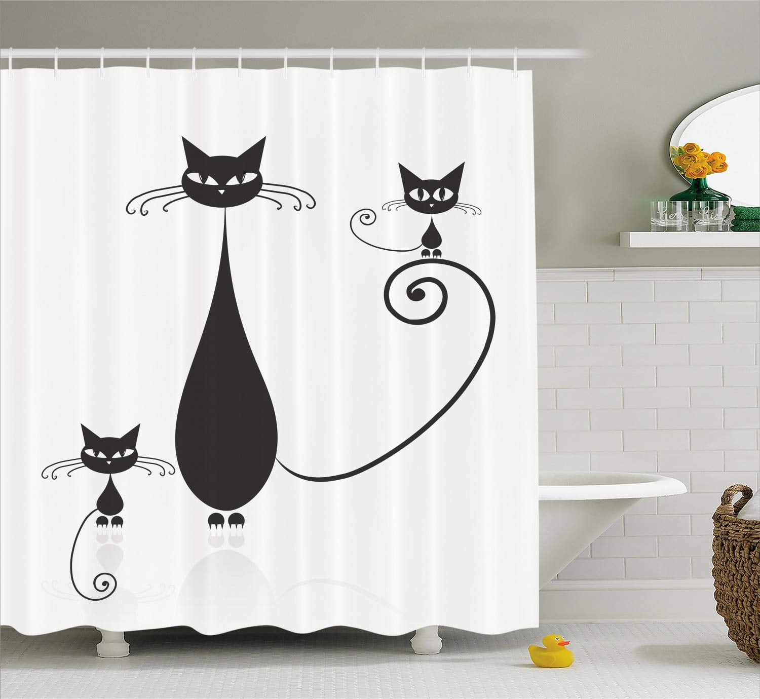 Happy Halloween Bathroom Waterproof Fabric Cartoon Black Cat Shower Curtain Set 