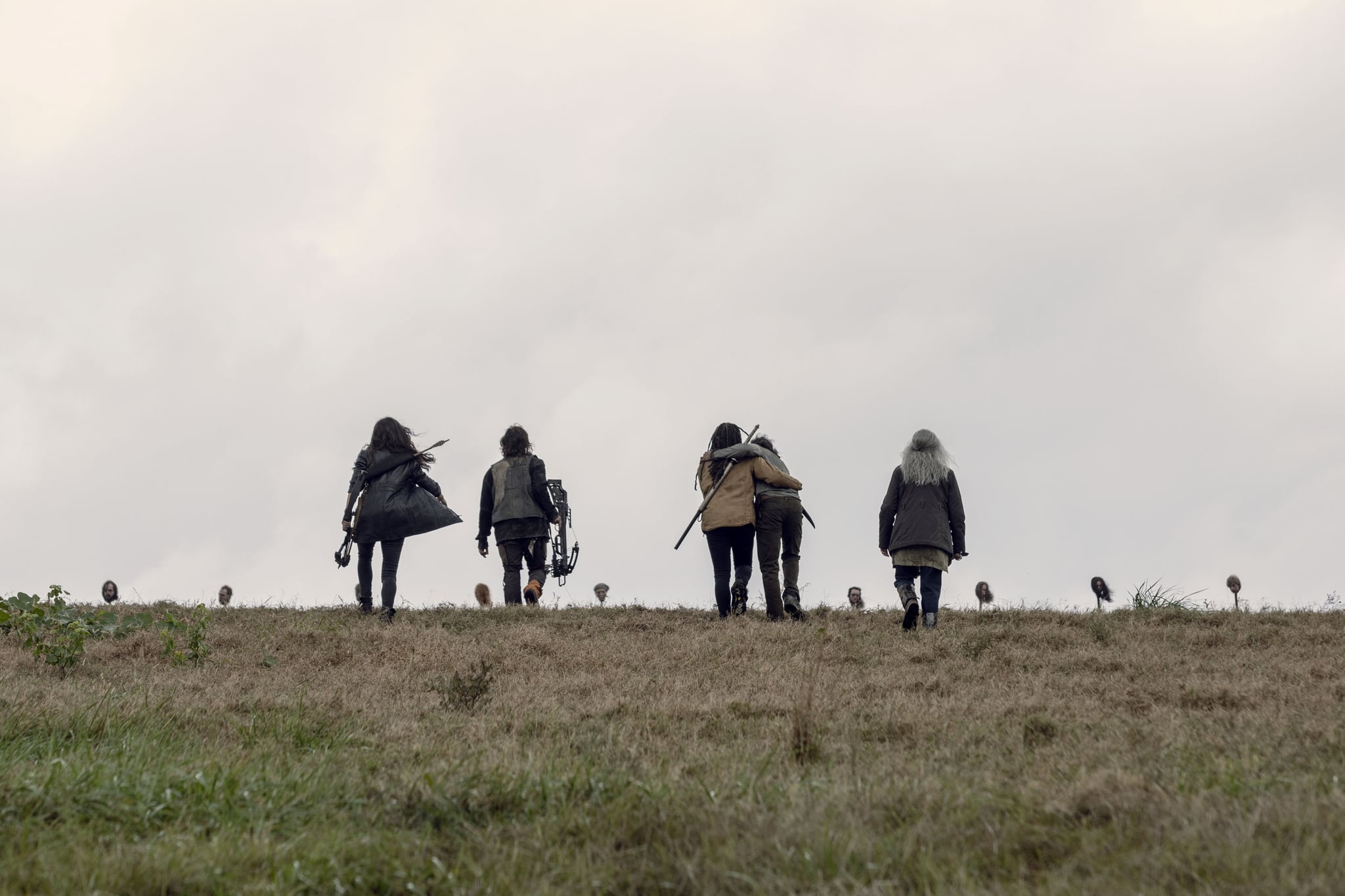 Norman Reedus as Daryl Dixon, Avi Nash as Siddiq, Danai Gurira as Michonne, Melissa McBride as Carol Peletier, Eleanor Matsuura as Yumiko - The Walking Dead _ Season 9, Episode 15 - Photo Credit: Jackson Lee Davis/AMC