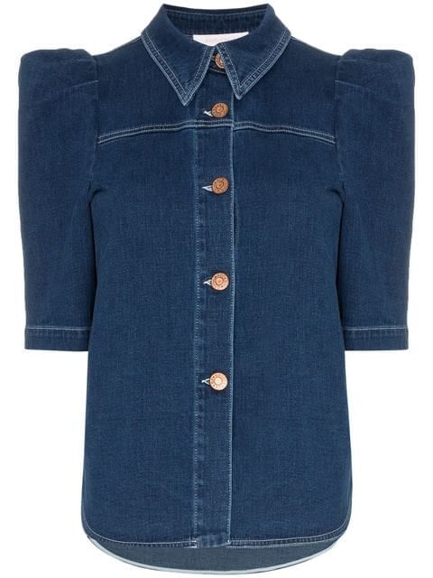 See By Chloé Button Down Puff Sleeve Denim Blouse