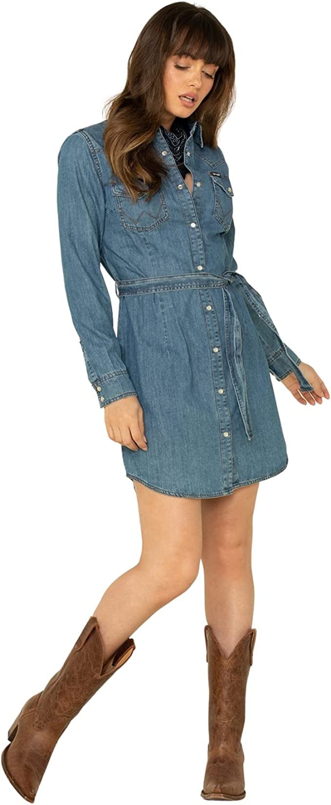 Best Dress to Wear With Cowboy Boots: Wrangler Retro Western Denim Snap Dress