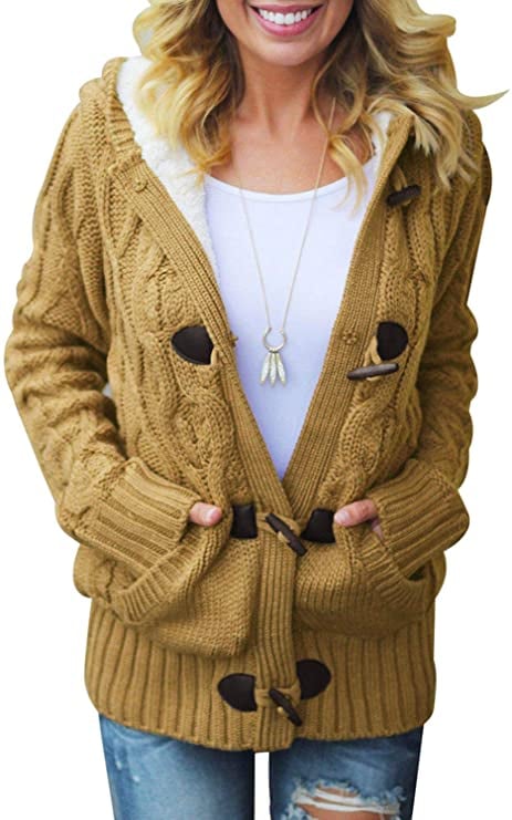 Sidefeel Women Button-Up Hooded Sweater Coat with Pockets