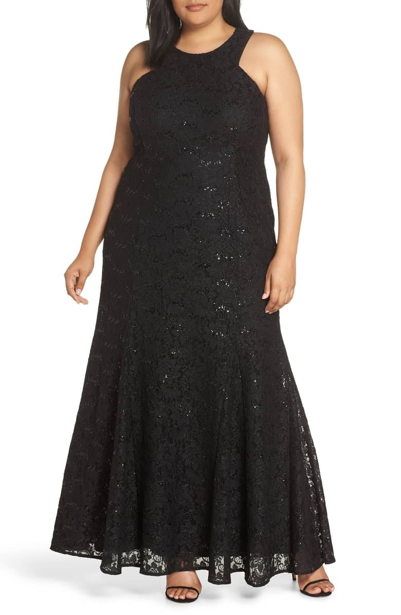 Morgan & Co. Strappy Back Sequin Lace Gown