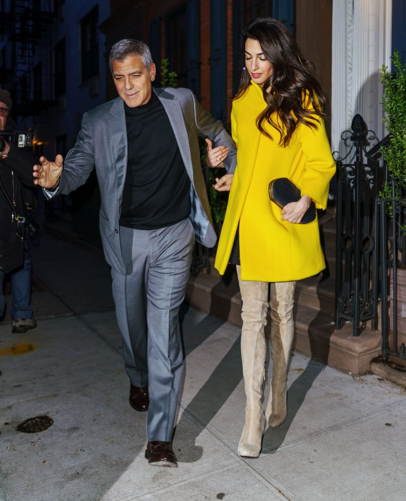 For date night in 2018, Amal lit up the night sky in a yellow Lanvin coat and thigh-high suede boots.