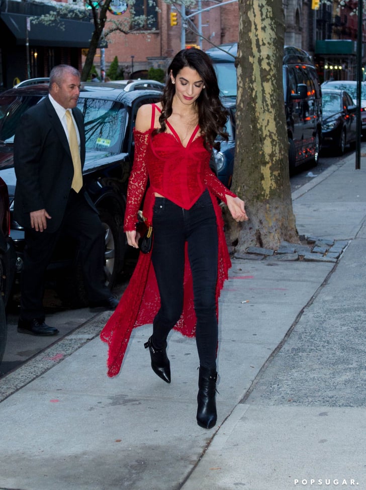 Amal Clooney Red Lace Top