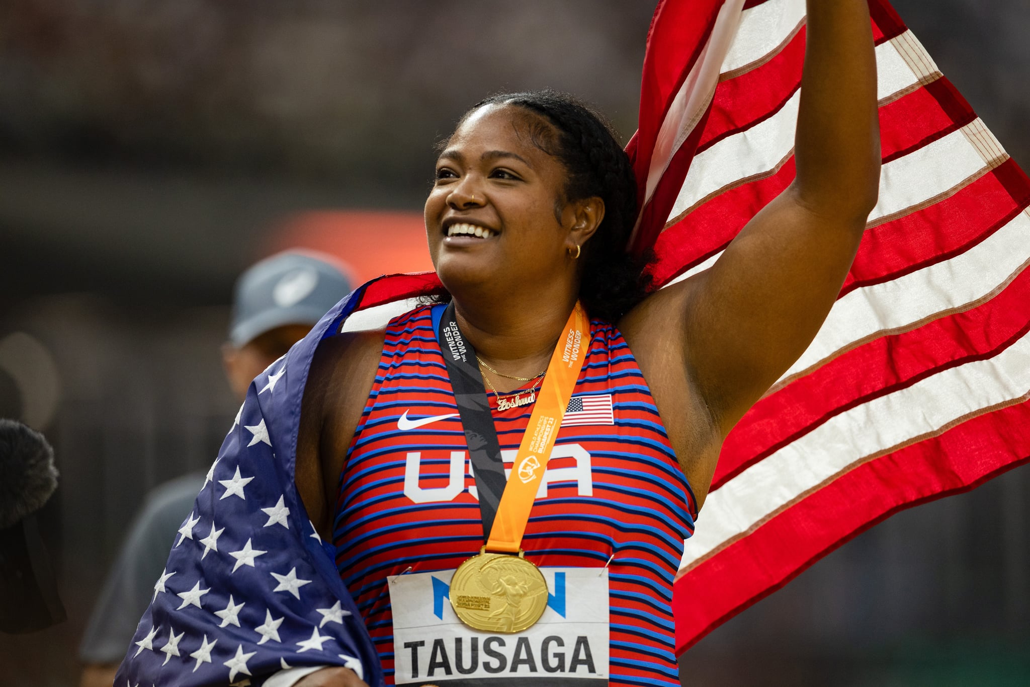 BUDAPEST, HUNGARY - AUGUST 22: Laulauga Tausaga of the United States following the women's discus throw final during day four of the World Athletics Championships Budapest 2023 at National Athletics Centre on August 22, 2023 in Budapest, Hungary. (Photo by Sam Mellish/Getty Images)