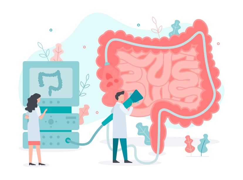 A team of doctors performs colonoscopy, diagnostics of the intestine. Bowel health. Medical concept with tiny people. Flat vector illustration.