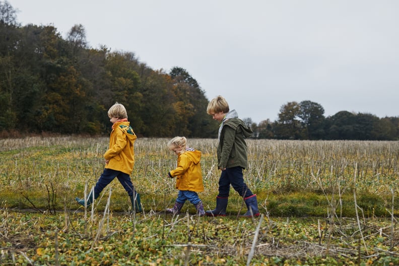 Three siblings walking though a field together