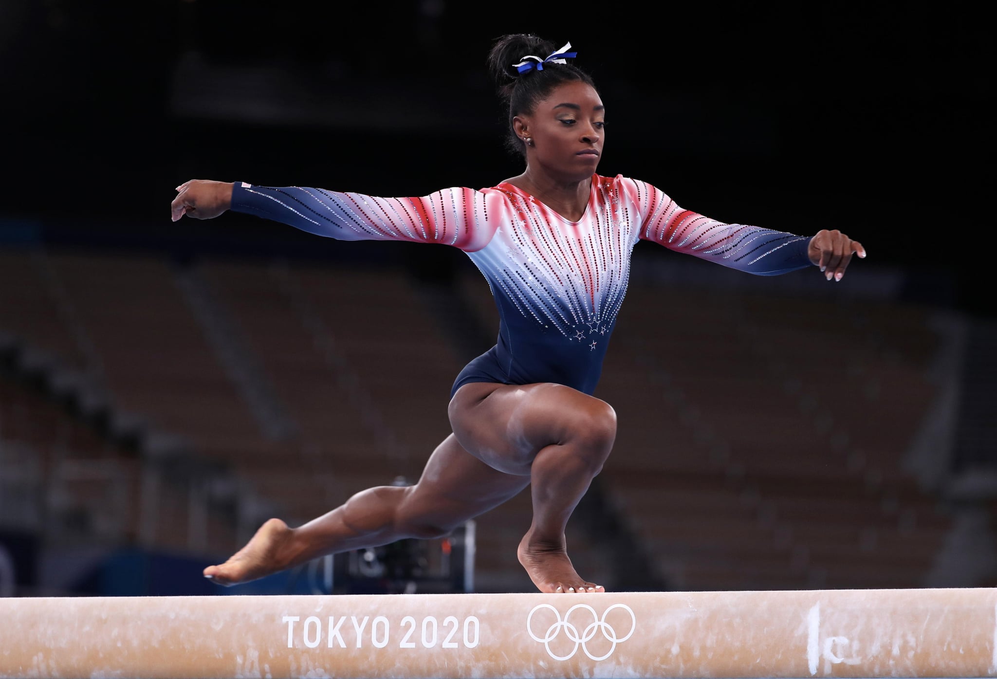 TOKYO, JAPAN - AUGUST 03: Simone Biles of Team United States in action during the Women's Balance Beam Final at Ariake Gymnastics Centre on August 03, 2021 in Tokyo, Japan. (Photo by Xavier Laine/Getty Images)