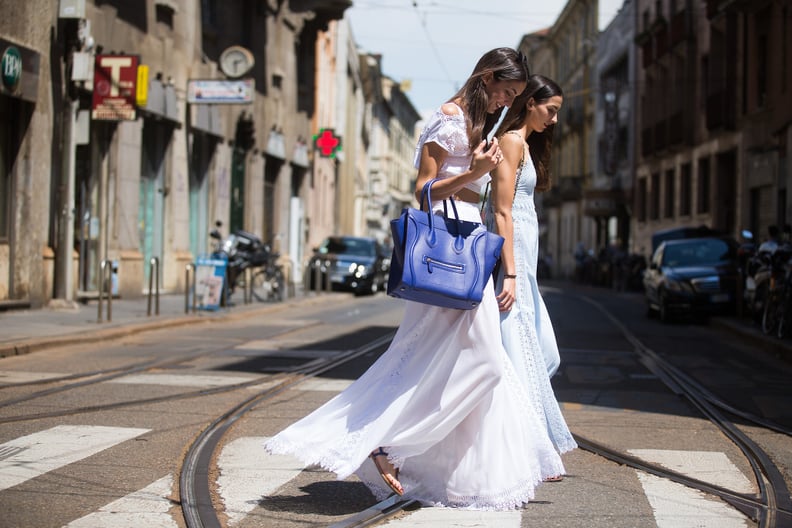 Style Your White Maxi Dress With a Bright Blue Bag